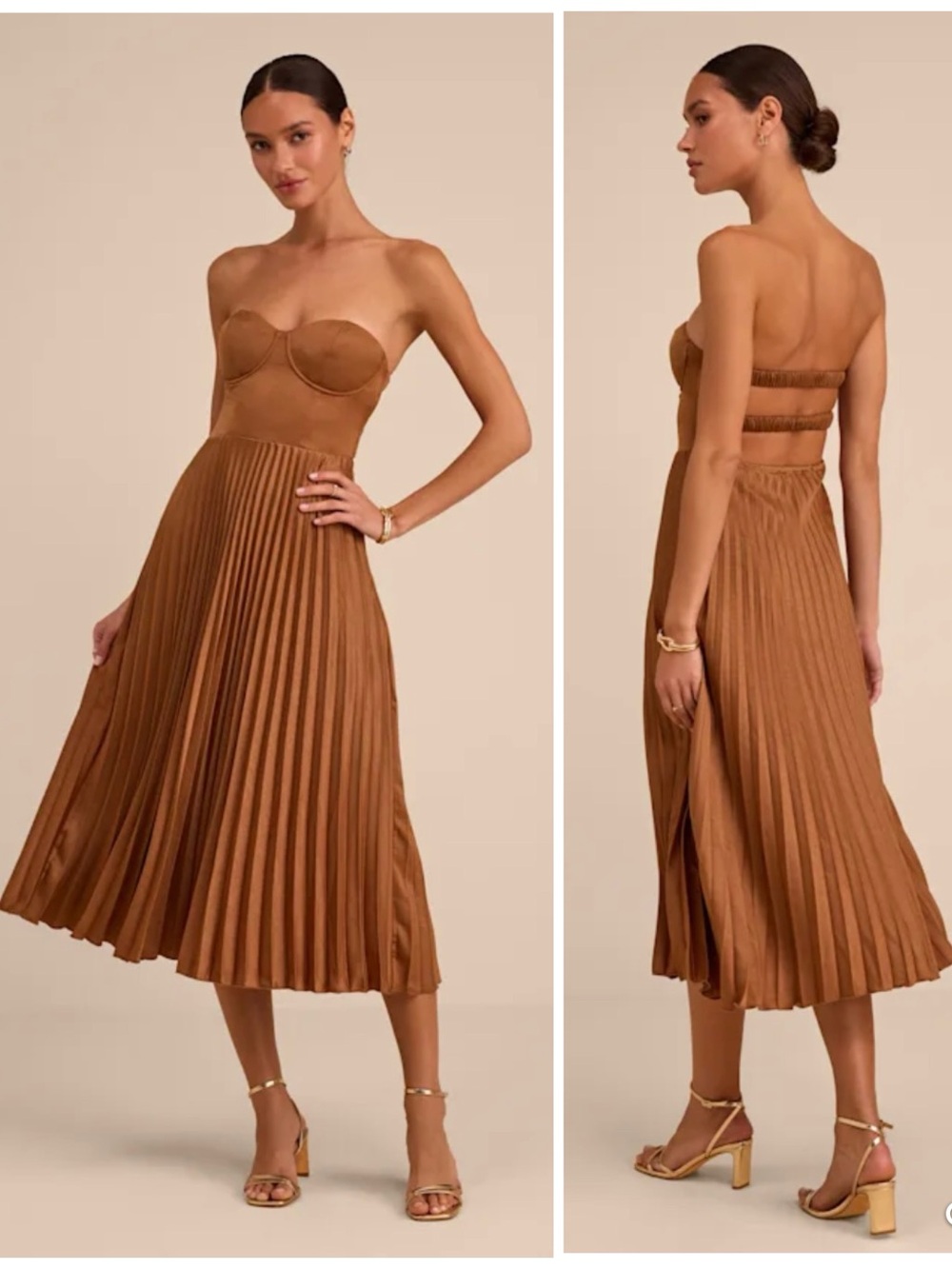 Lulu's Strapless Pleated Midi Dress in Chestnut Brown